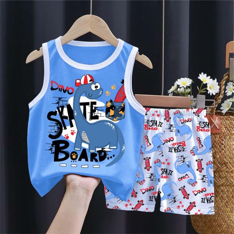 SETELAN BAJU ANAK SINGLET DINOSAURUS BIRU