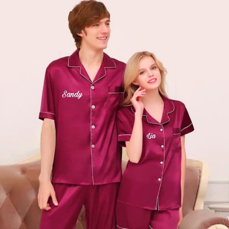 Piyama pajamas baju tidur couple custom bordir nama hadiah kado gift nikahan wedding pernikahan prewedding / untuk seserahan murah unik lucu-6