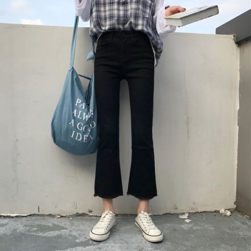 yikoo-Celana Panjang Hitam Korea Jeans Flare Wanita