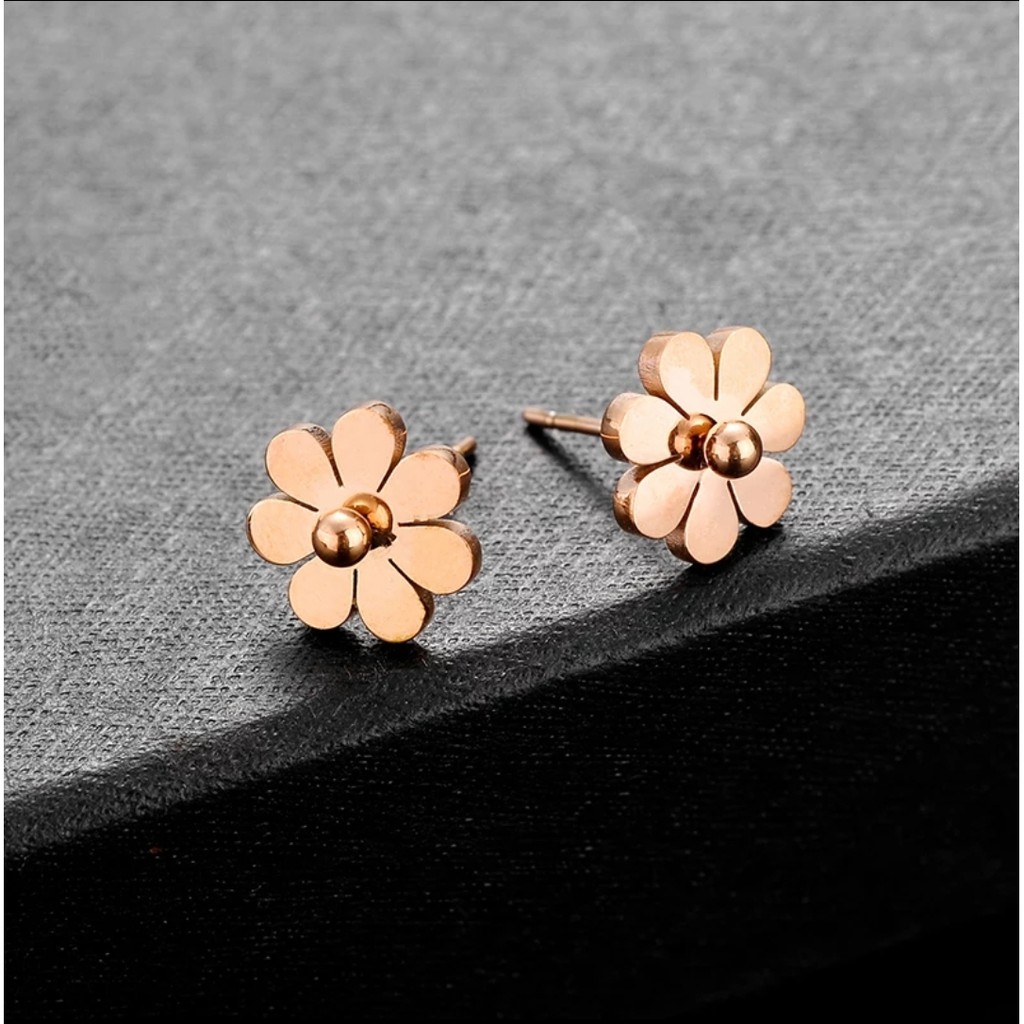 Anting Tusuk Titanium Aksen Bunga  Warna Steel Rose Gold, Gold dan Silver