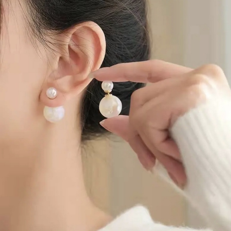 Anting Stud Desain Bola Mutiara Bulat Besar Dua Sisi Gaya Korea Untuk Wanita