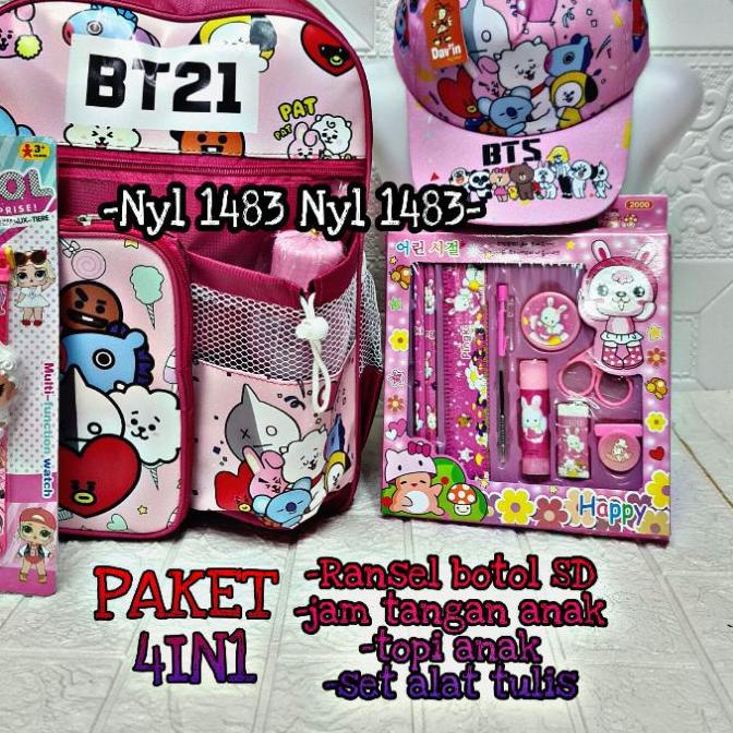 ☼ Tas ransel anak perempuan Little pony 4 in1 - tas + topi + jam + paket pinsil gratis botol minum -