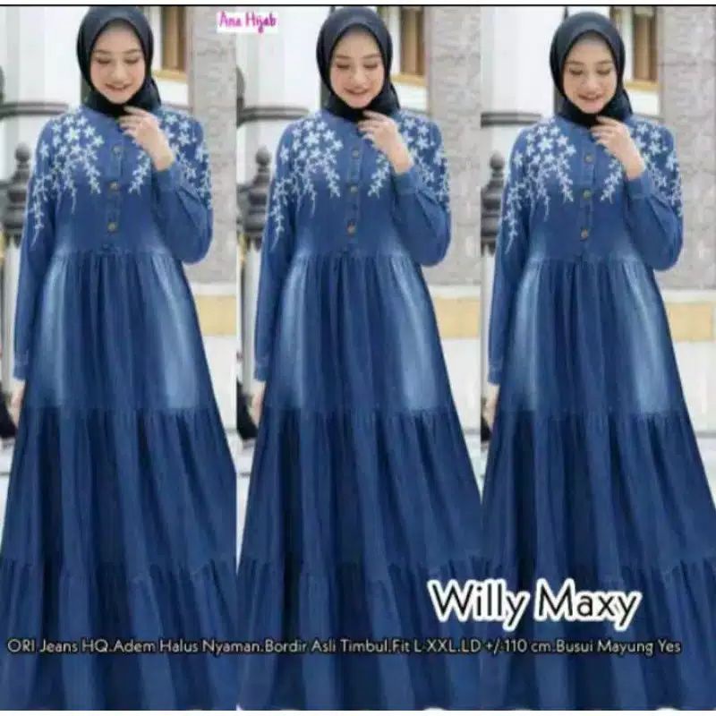 Willy Maxy / gamis jeans bordir / gamis rempel jeans / gamis jeans
