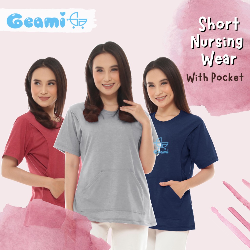 Geami Kaos Ibu Menyusui Baju Busui Nursing Wear Lengan Pendek Saku