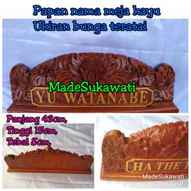 Papan nama meja kayu name plate ukiran bali bunga teratai isi tatakan