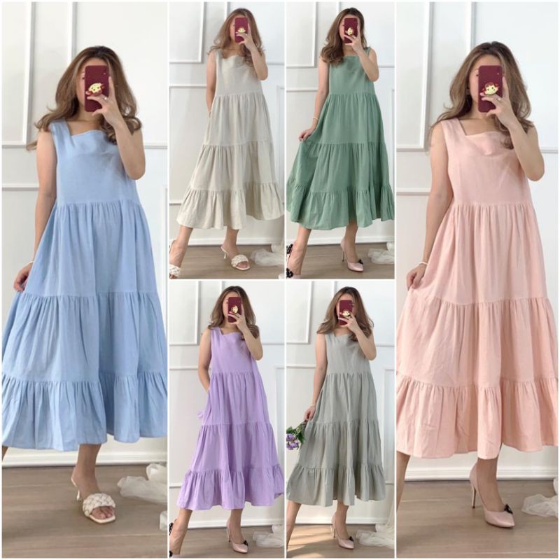 ⚡️ SALE ⚡️ PREMIUM ♡ ORIGINAL ! LIVIANNE VINTAGE LESS SLEEVE TRAP LAYER FLARE MIDI DRESS OVERALL OUTER ( BUMIL &amp; HIJAB FRIENDLY )