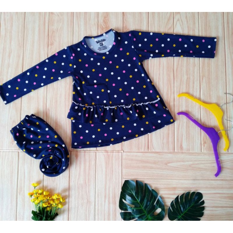 setelan anak junior size 5-8T / setelan lengan panjang / setelan kaos/ setcel polkadot