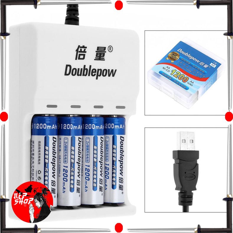 DOUBLEPOW Charger Baterai 4 slot AA/AAA + 4 PCS AA Battery 1200mAh