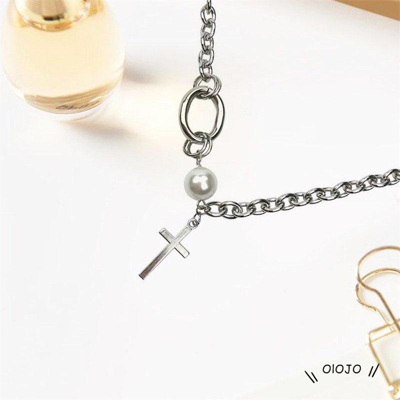 Korea Ins Cross Kalung Mutiara Clavicle Chain Aksesoris Fashion Wanita - ol