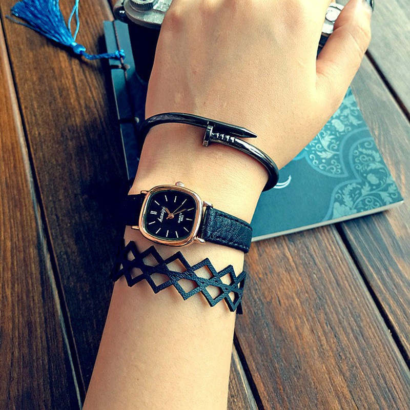 ✅COD Jam Tangan Quartz Dial Kotak Garis Casual Wanita-Hitam Hitam