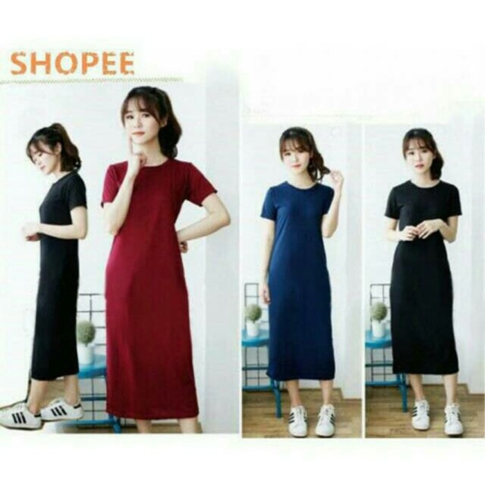 Long Dress Elsa Plain Spandex Maxi Maroon Navy Black