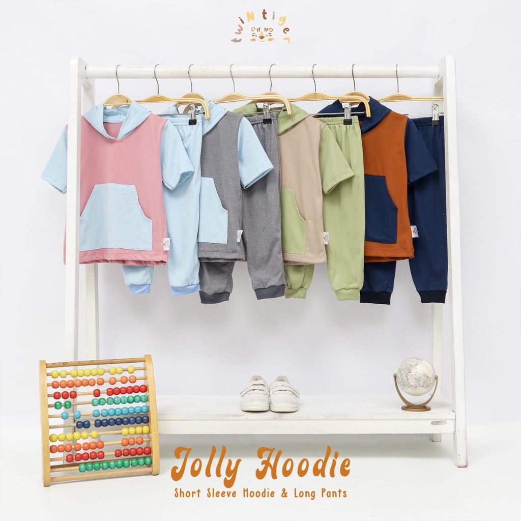 TWIN TIGER SHORT SLEEVE HOODIE &amp; LONG PANTS JOLLY HOODIE SETELAN ANAK HOODIE PENDEK CELANA PANJANG 1 - 5 TAHUN