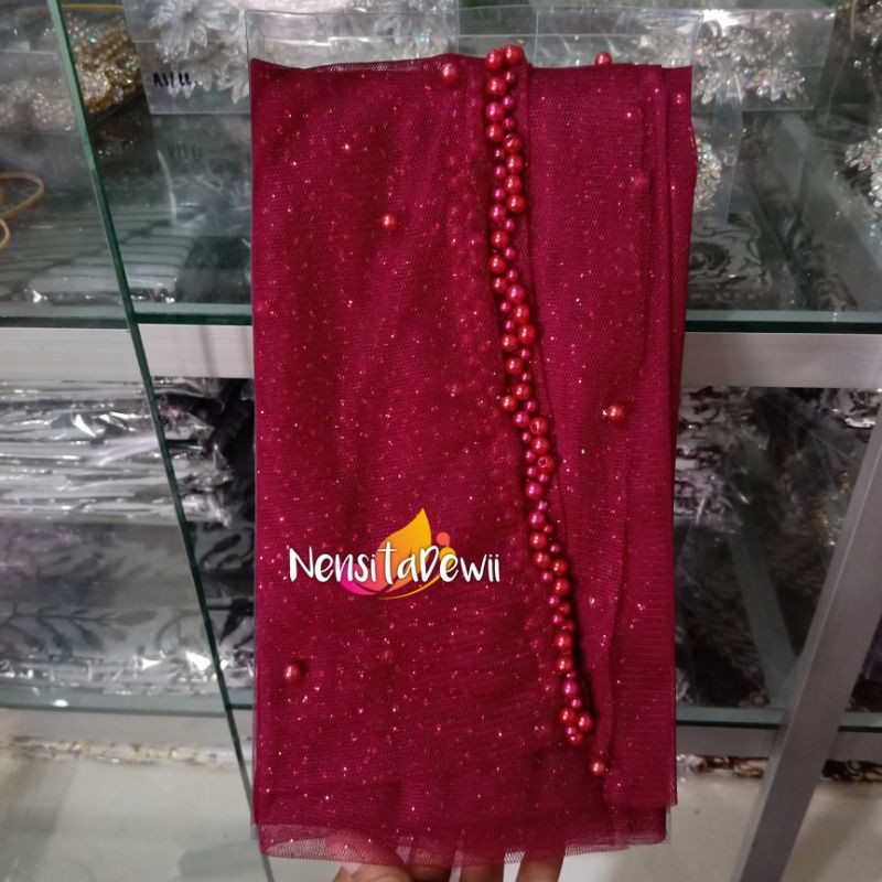 KERUDUNG PENGANTIN / VEIL MUTIARA MOTIF AKAR / VEIL MUTIARA POLOS / VEIL PENGANTIN-Maroon (Polos)