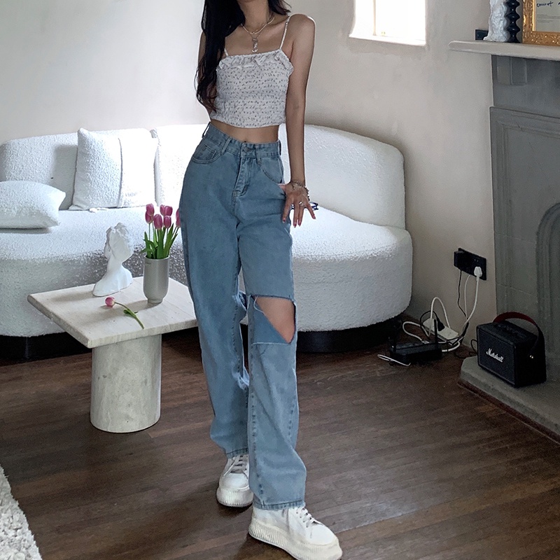 New biru kekinian high waist ripped  boyfriend celana jeans panjang wanita