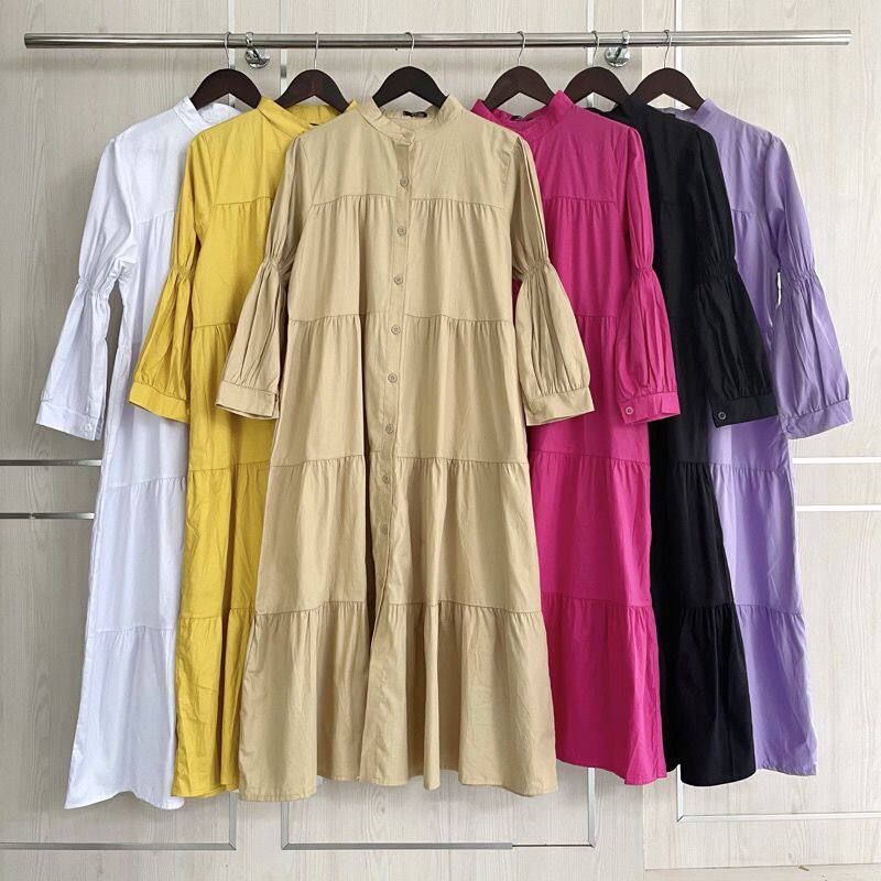 Zoya midi dress premium katun polos full kancing depan