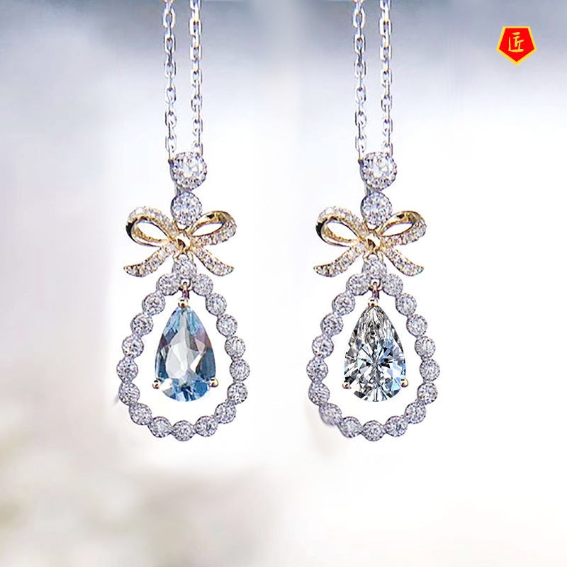 [Ready Stock]Bow Aquamarine Pendant 18K Gold Zircon Necklace Elegant Graceful