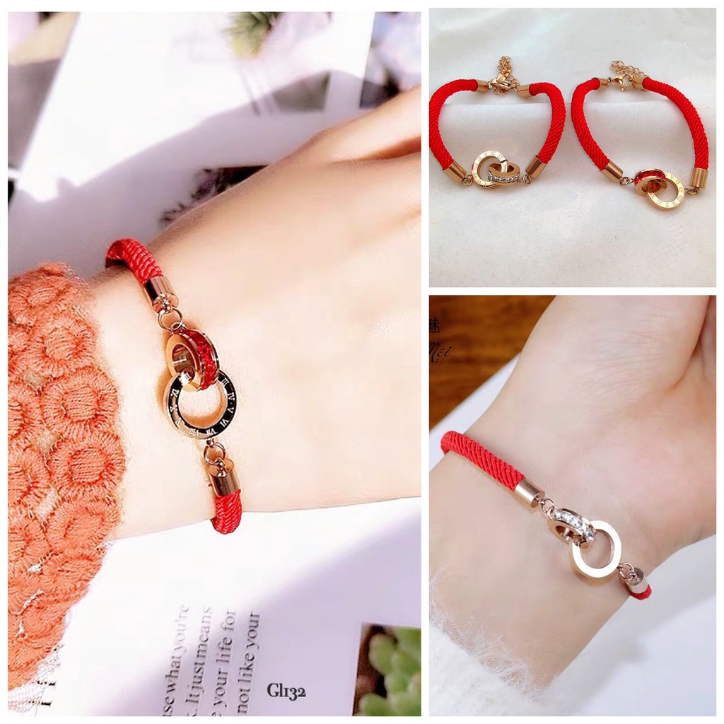 COD - Gelang Tali Merah VIP Fashion Wanita Korea Anti Karat Titanium Asli Liontin Sircon Romawi Terb