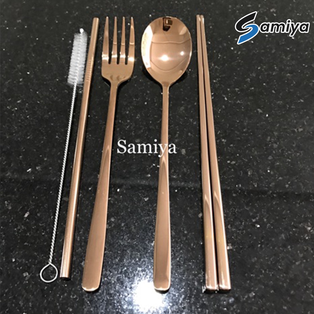 Paket sedotan stainless sendok garpu sumpit set dan sikat / sedotan stainless warna / alat makan set