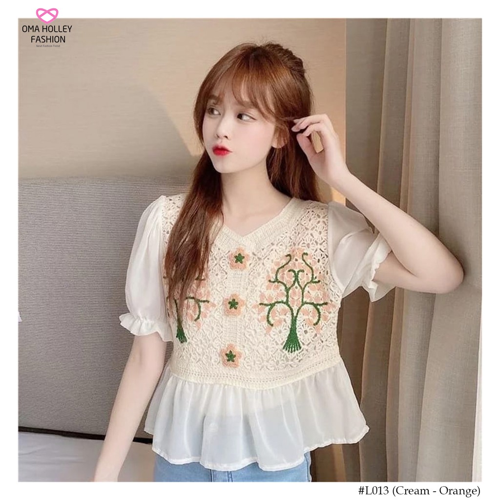 (COD) OH Fashion Korean Blouse Rajut Bordir Lengan Pendek