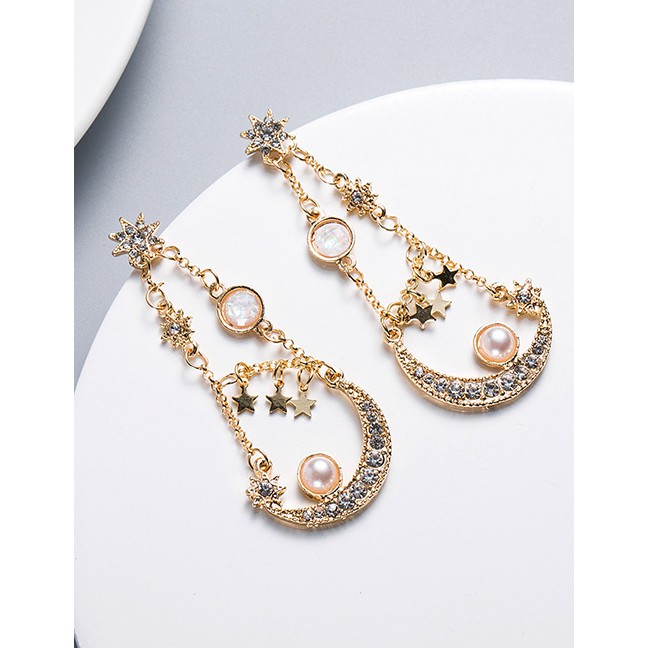 LRC Anting Tusuk Fashion Gold S925 Silver Needle Star Moon Full Diamond Earrings F52414