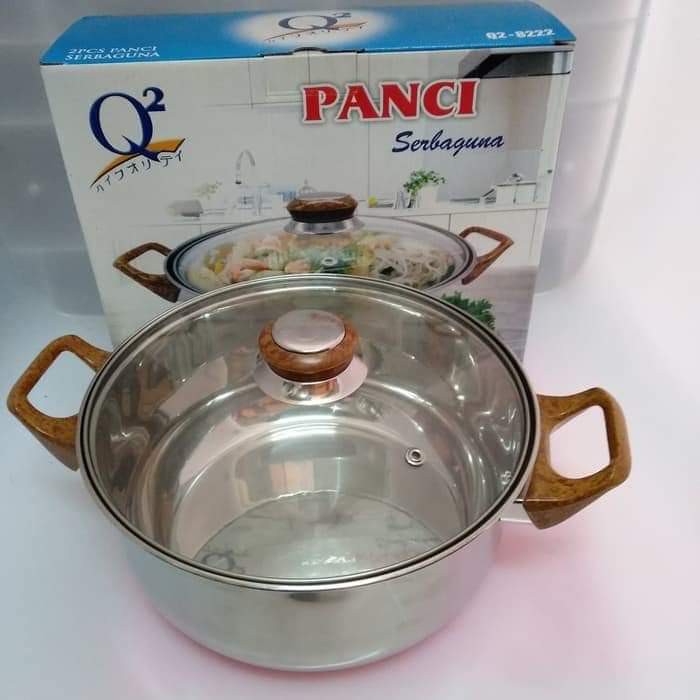 PANCI KUAH SERBAGUNA Q2 8222 TUTUP KACA STAINLESS Q2-8222 / PANCI KUWAH Q2 22CM / PANCI SOP 22CM Q2 8222 / Q2-8222