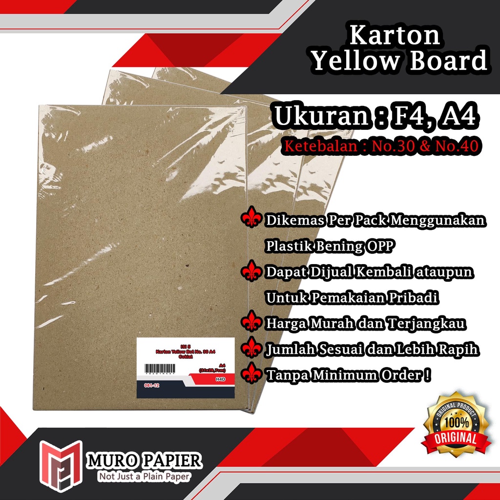 

( PER PAK - ISI 5 ) Karton Yellow Board No. 30 No. 40 A4 F4 - by Muro Papier