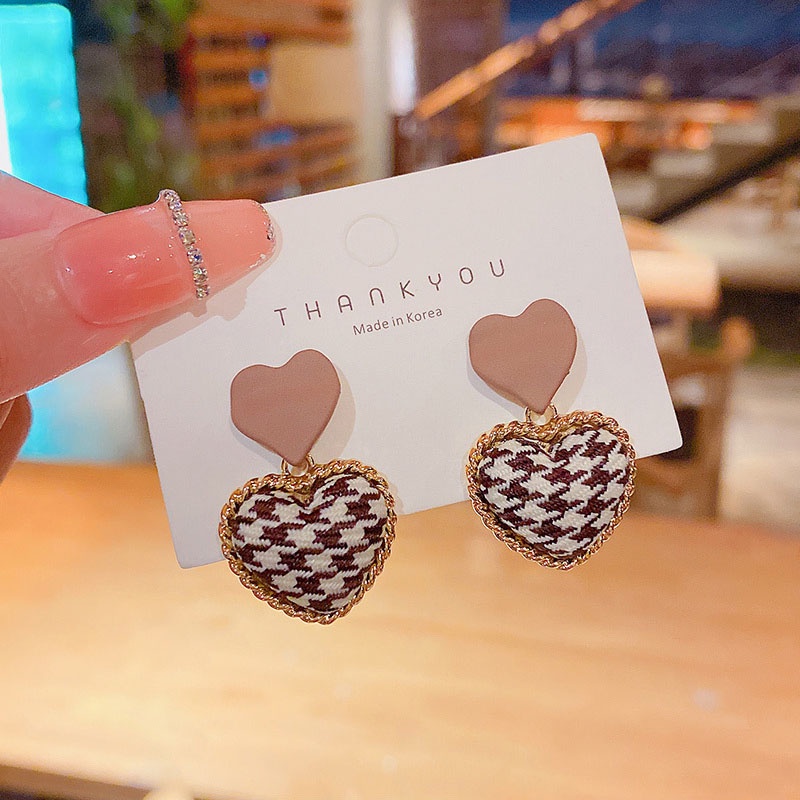 Anting S925 Silver Needle Bentuk Hati Houndstooth Warna Kopi Peach