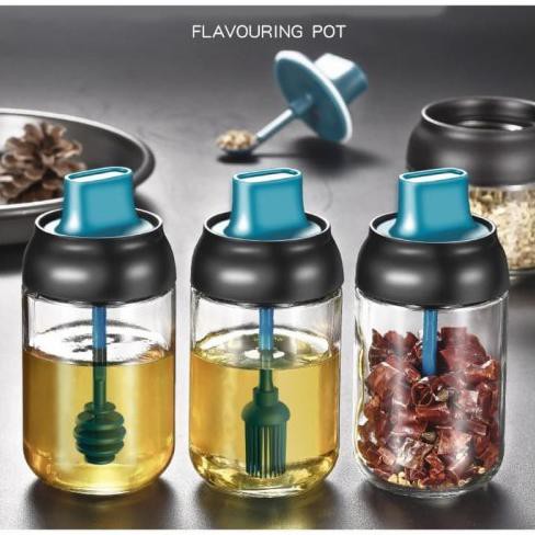 Botol Wadah Tempat Penyimpanan Bumbu Dapur Tabur Minyak Madu Kaca Dengan Sendok Kuas Unik Murah