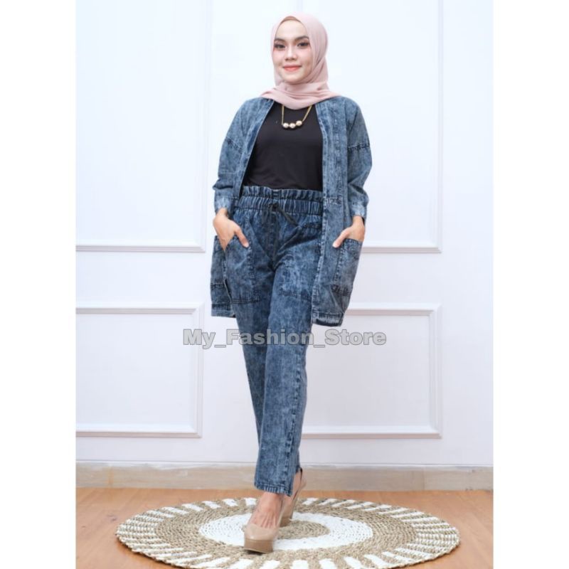 ONE SET CARDIGAN JEANS / SETELAN OUTER JEANS FASHION WANITA TERBARU