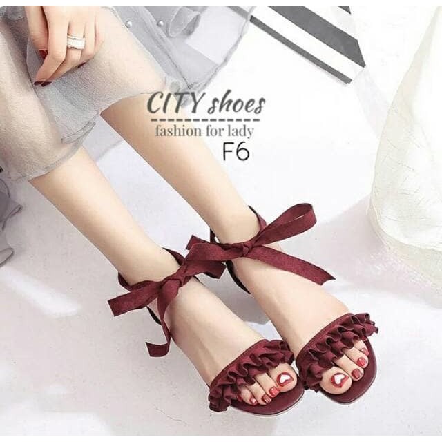 Tjhay® Laurensia High Heels Pita Hak Tahu Tinggi Model Ikat Warna Merah Maroon