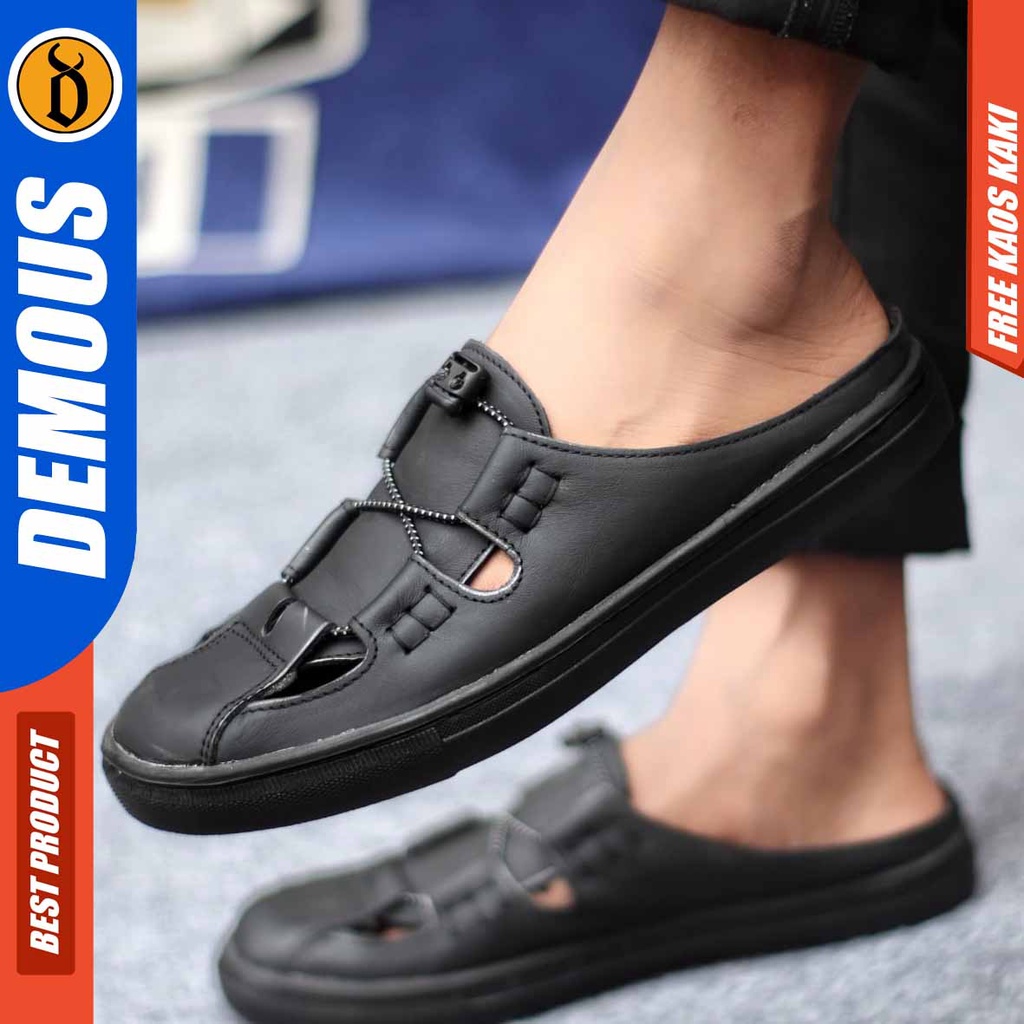 DEMOUS VIXSI Sepatu Sandal Kulit Bustong/Tutong Pria Hitam