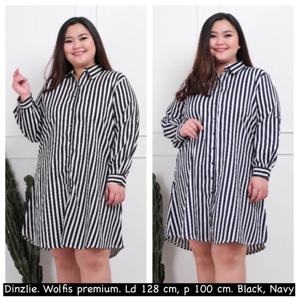 Kemeja Panjang Wanita Motif Salur Bahan wolfis Premium Kancing Bukaan Full