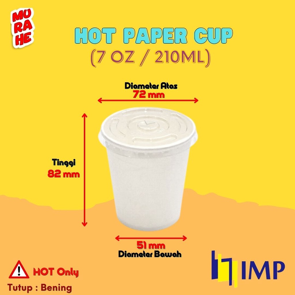Paper Hot Cup 7 Oz 210 ml / Gelas Jasuke / Gelas Bubur Bayi @50 Pcs &amp; Lid Transparan