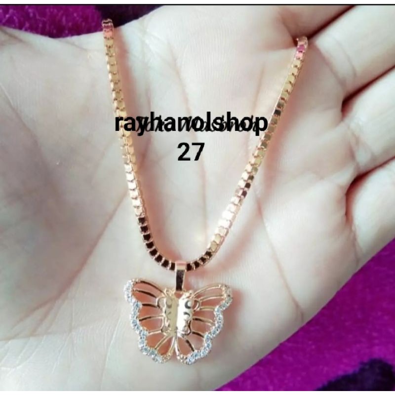 Kalung miliano bandul motif angsa dan kupu-kupu asli titanium Lapis Emas 22k