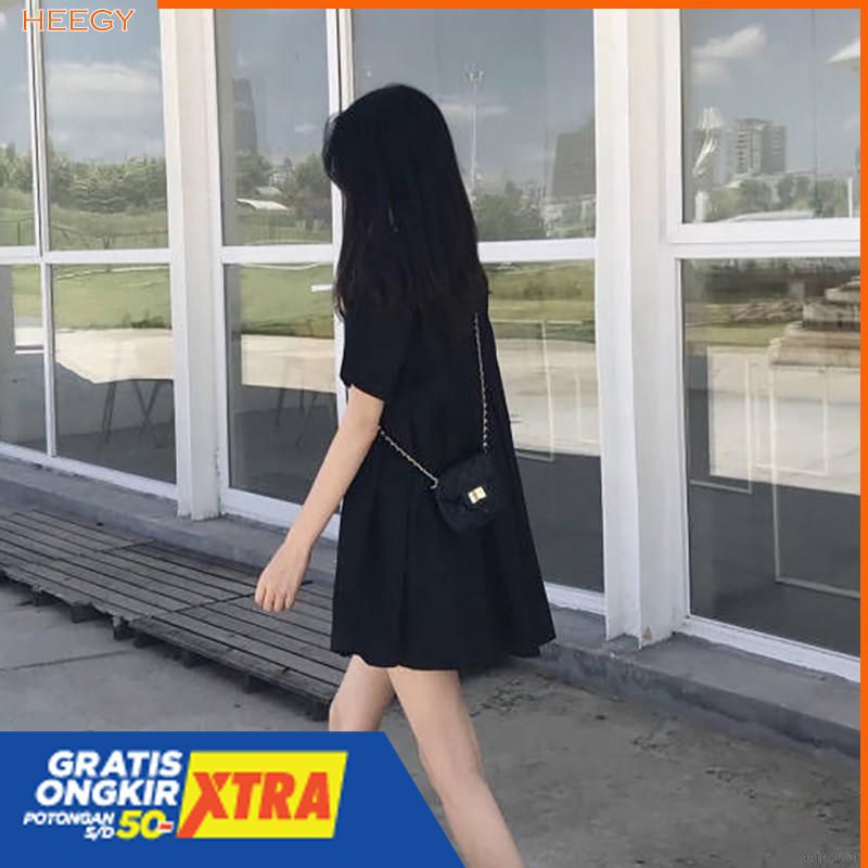 Dress Casual A-Line Lengan Pendek Warna Polos Gaya Klasik Gaya Wanita Korea
