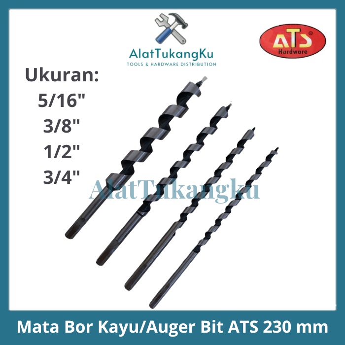 Mata Bor Kayu ATS / Auger Bit 230mm 1/4", 5/16", 3/8", 1/2", 3/4" Inch / Mata Bor Kayu Spiral Panjan