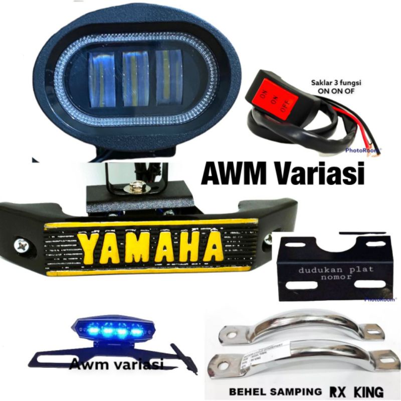 paket super ganteng yamaha rx king new dan tua kumis lampu owl 3 lensa ring biru/merah komplit sama breket nya