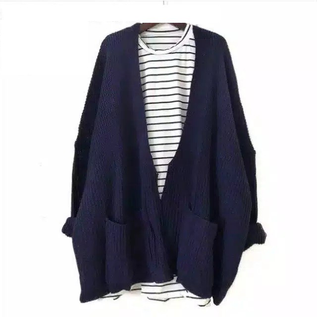 LOOCY CARDY Cardigan Rajut Oversized dan Normal Size - Kardigan Polos Wanita  Bahan Rajut-Big size-NAVY