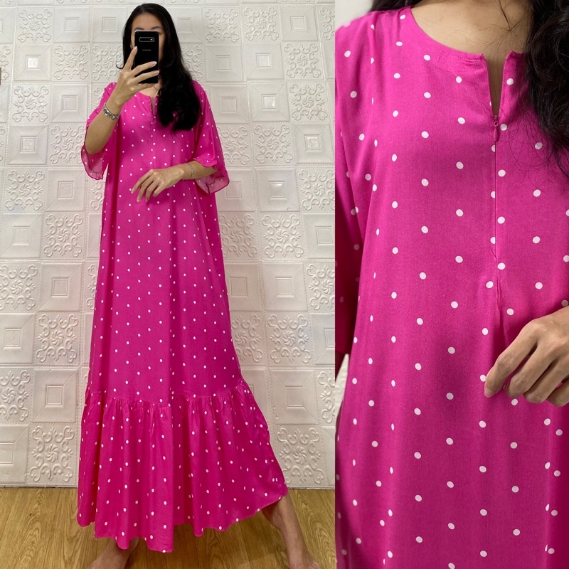 daster MONA tangan 3/4 PB 130cm /daster panjang rempel tangan 3/4  JUMBO premium sleting /busui/rempel tangan 3/4/ tangan pendek/ tali grosir ecer SEMATA KAKI RAYON-Mona DOt fanta