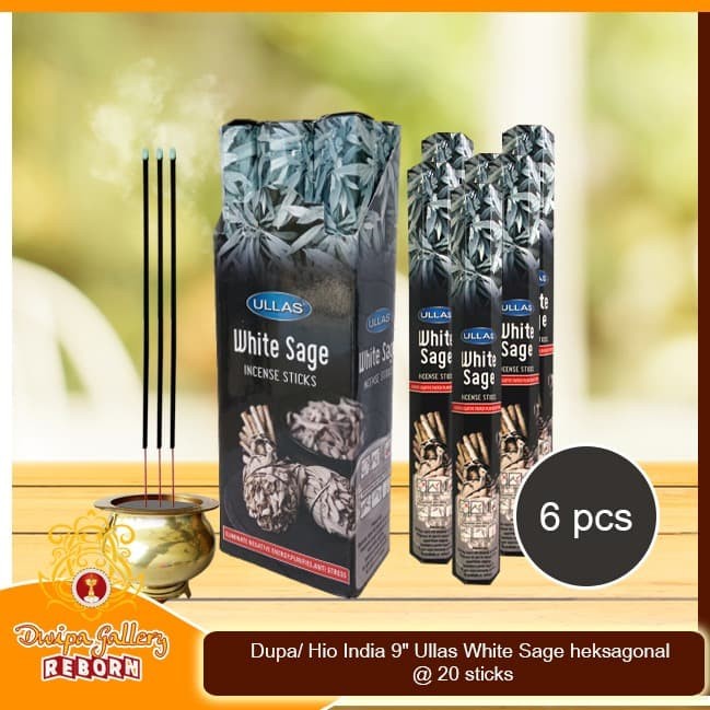 Dupa/ Hio India 9&quot; Ullas White Sage heksagonal @ 20 sticks (6pcs/box)