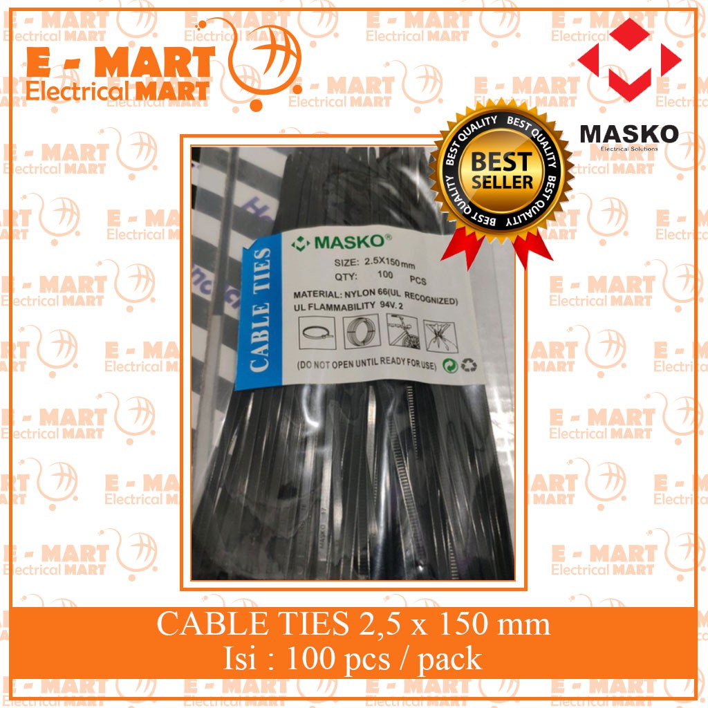 MASKO KABEL TIES 150 x 2.5MM 100 PCS NYLON PUTIH HITAM SABUK TALI TIES SEGEL 15 CM WH BLACK [GROSIR]