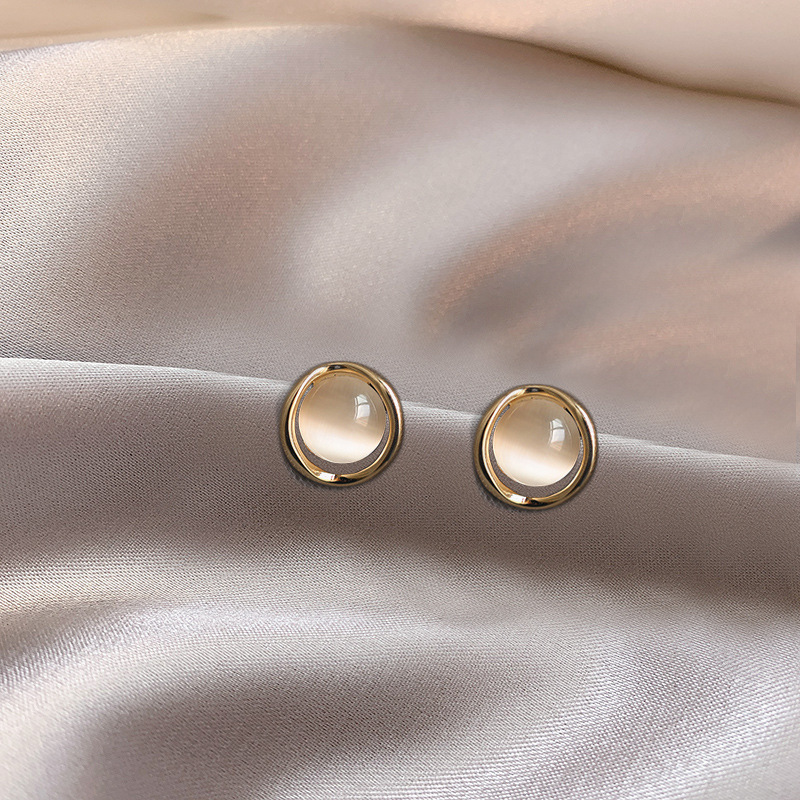 Anting Stud Bentuk Bulat Geometris Opal Gaya Korea Untuk Wanita