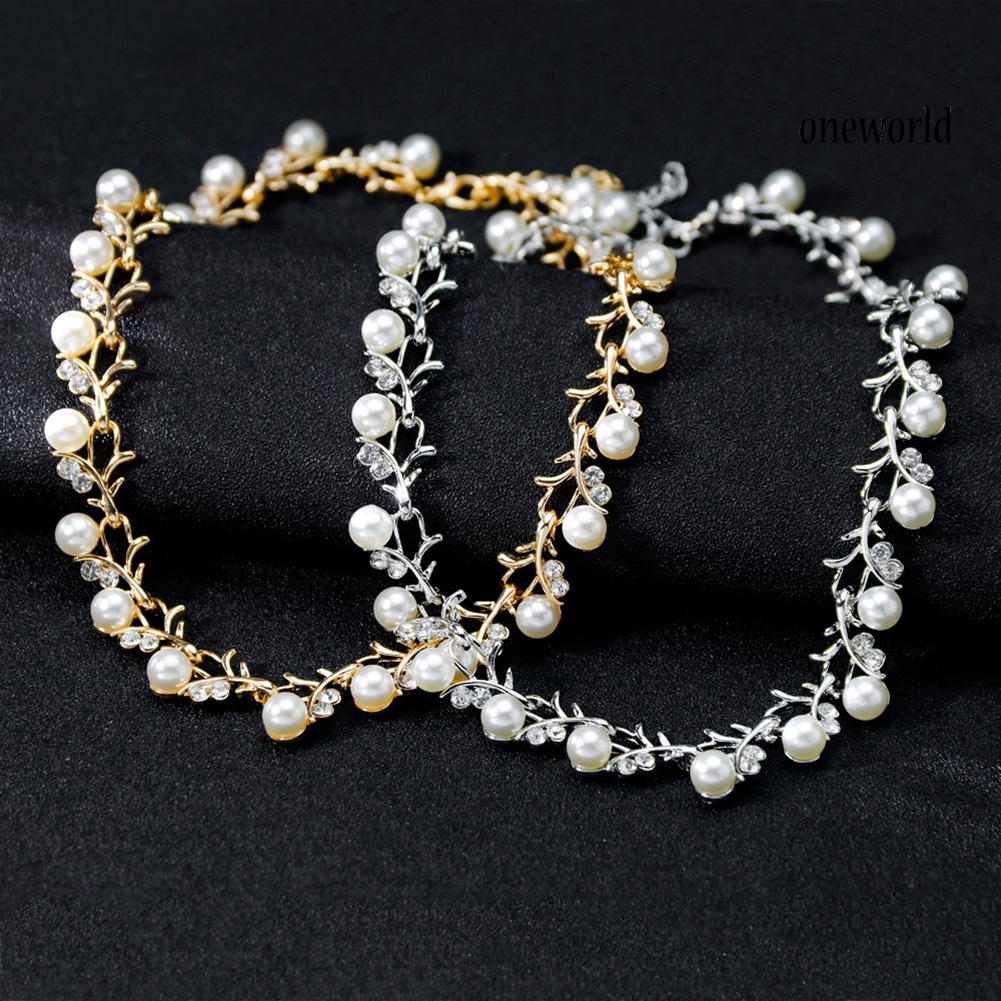 OW@ Women Bride Faux Pearl Rhinestone Necklace Stud Earrings Bracelet Jewelry Set