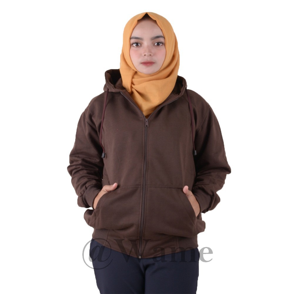 Jaket zipper polos hoodie M,L,XL,XXL pria wanita marun wame-COKLAT