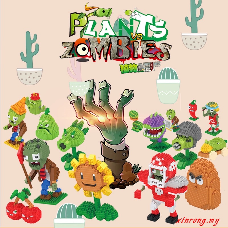 Mainan Puzzle Miniatur Balok Bangunan Lego Partikel Berlian Desain Plants Vs Zombies Untuk Anak