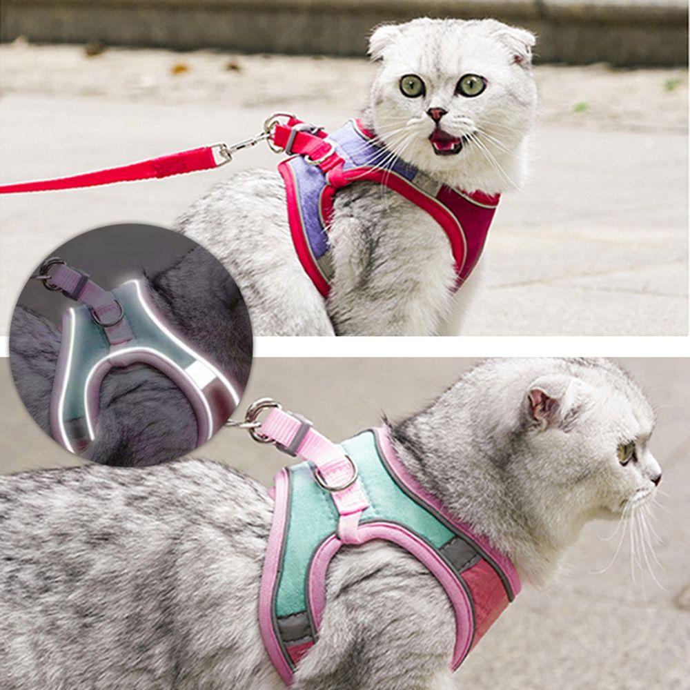 Nickolas1 Cat Harness Dengan Tali Reflektif Luar Ruangan Anjing Tali Lembut Rompi Harness Bernapas Hewan Peliharaan Rompi