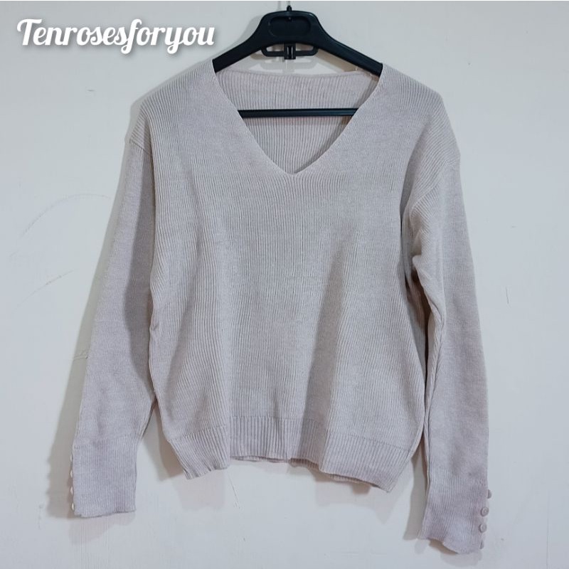 (BARU) SWEATER V KNIT WARNA CREAM