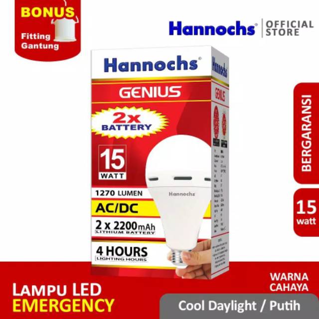 Hannochs Genius Bohlam LED 15 watt Lampu Emergency AC/DC - Cahaya Putih