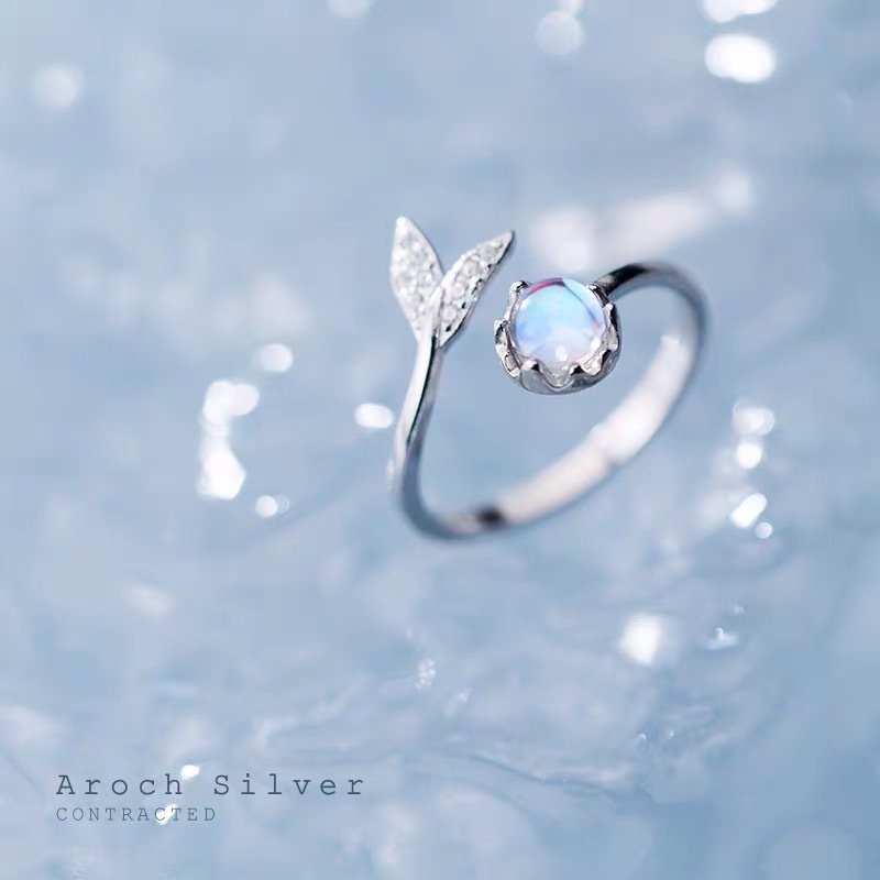 [Korean Mermaid Tail Moonstone Personality Adjustable Opening  Rings For Women] [Ladies Trendy Cute Tail Fairy Ring Inlaid Colored Stone Alloy Ring] [Girls Elegant Personality Party Rings Gifts]