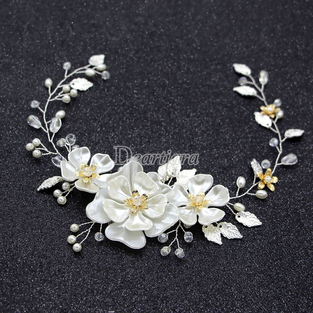 Fashion Bride Hand-woven Pearl Headdress White Crystal Flower Pearl Leaf Wedding Dress Accessories Headband Bridal Accessories